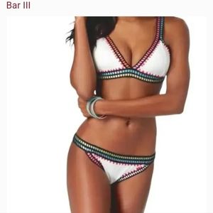 Bar III "Be-Weave It" cheeky white bikini with rainbow embroidery.   Sz S